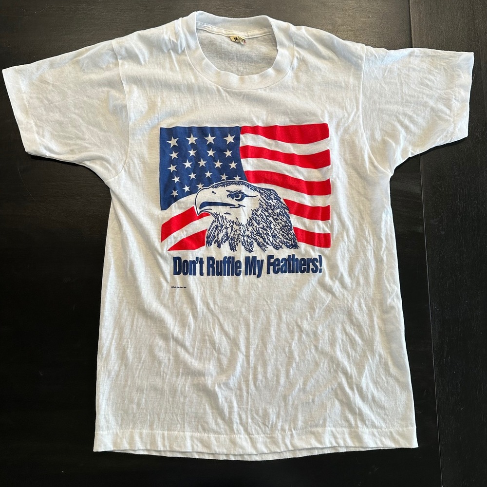 VTG 1991 Screen Stars Don't Ruffle My Feathers Eagle Flag T-Shirt White Med READ